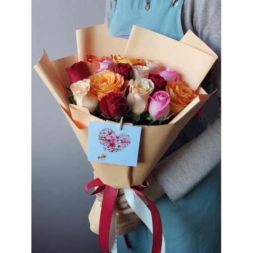 Купить на заказ 15 радужных роз с доставкой в Жаркенте